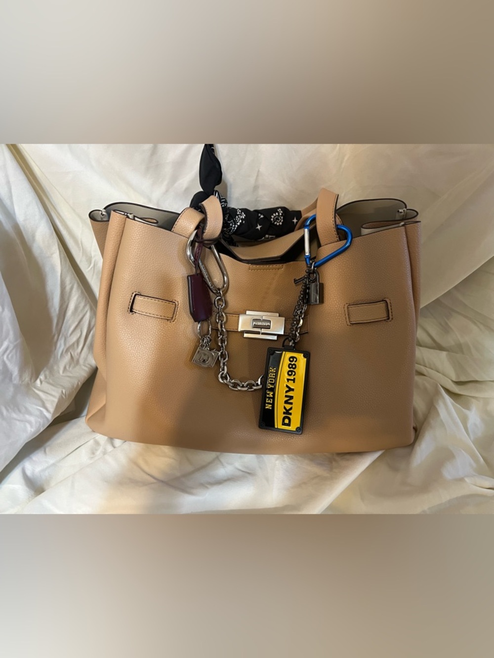 DKNY Camel/Tan Pebbled Leather Tote with Charm Accents